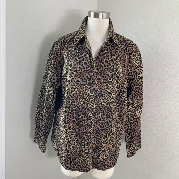 Chaps Classics Womens Plus 1X Leopard Animal Print Button Up Shirt Long Sleeve - Picture 1 of 9